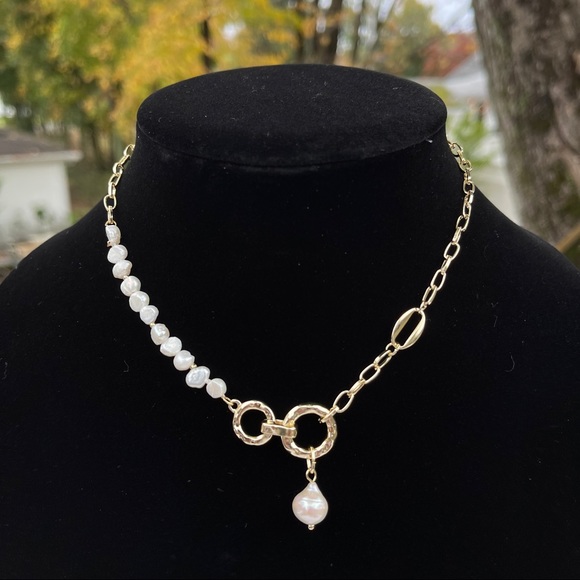 New 18K Gold Plated  Natural  Pearl Circle Link Chain Pendant Choker Necklace - Picture 5 of 14